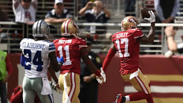 Oct 2, 2016; Santa Clara, CA, USA; San Francisco 49ers wide receiver Jeremy Kerley (17) jumps into the endzone for a score during the first quarter against the Dallas Cowboys at Levi