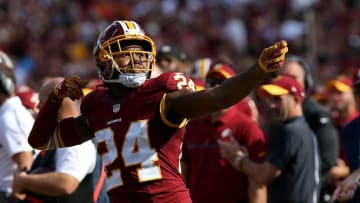 Oct 2, 2016; Landover, MD, USA; Washington Redskins cornerback Josh Norman (24) celebrates after intercepting a pass against the Cleveland Browns in the fourth quarter at FedEx Field. The Redskins won 31-20. Mandatory Credit: Geoff Burke-USA TODAY Sports