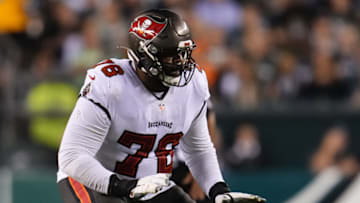 PHILADELPHIA, PENNSYLVANIA - OCTOBER 14: Donovan Smith #76 of the Tampa Bay Buccaneers defends during a NFL game against the Philadelphia Eagles at Lincoln Financial Field on October 14, 2021 in Philadelphia, Pennsylvania. (Photo by Cooper Neill/Getty Images)