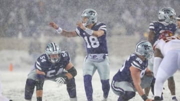 Nov 25, 2023; Manhattan, Kansas, USA; Kansas State Wildcats quarterback Will Howard (18) calls a play during the first quarter against the Iowa State Cyclones at Bill Snyder Family Football Stadium. Mandatory Credit: Scott Sewell-USA TODAY Sports