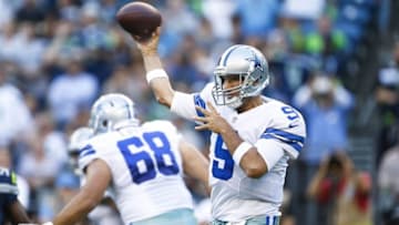 Aug 25, 2016; Seattle, WA, USA; Dallas Cowboys quarterback Tony Romo (9) passes against the Seattle Seahawks during the first quarter at CenturyLink Field. Mandatory Credit: Joe Nicholson-USA TODAY Sports