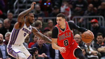 CHICAGO, ILLINOIS - DECEMBER 10: Zach LaVine #8 of the Chicago Bulls drives against Iman Shumpert #9 of the Sacramento Kings at the United Center on December 10, 2018 in Chicago, Illinois. The Kings defeated the Bulls 108-89. NOTE TO USER: User expressly acknowledges and agrees that, by downloading and or using this photograph, User is consenting to the terms and conditions of the Getty Images License Agreement. (Photo by Jonathan Daniel/Getty Images)