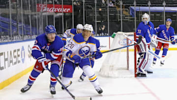 NEW YORK, NEW YORK - MARCH 22: Cody Eakin #20 of the Buffalo Sabres skates against the New York Rangers at Madison Square Garden on March 22, 2021 in New York City. (Photo by Bruce Bennett/Getty Images)