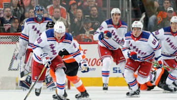 PHILADELPHIA, PA - APRIL 07: Pavel Buchnevich #89 of the New York Rangers skates the puck against the Philadelphia Flyers on April 7, 2018 at the Wells Fargo Center in Philadelphia, Pennsylvania. (Photo by Len Redkoles/NHLI via Getty Images)