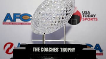 Dec 7, 2014; New York, NY, USA; A view of the Coaches Trophy during the Amway Coaches Poll Reveal at NYIT Auditorium. Mandatory Credit: Andy Marlin-USA TODAY Sports