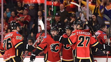 Dec 2, 2016; Calgary, Alberta, CAN; Calgary Flames center Mikael Backlund (11) celebrates his first period goal against the Minnesota Wild at Scotiabank Saddledome. Mandatory Credit: Candice Ward-USA TODAY Sports