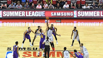 Jul 8, 2016; Las Vegas, NV, USA; New Orleans Pelicans forward Cheick Diallo (13) wins the opening tip off over Los Angeles Lakers center Ivica Zubac (40) at the start of an NBA Summer League game at Thomas & Mack Center. Mandatory Credit: Stephen R. Sylvanie-USA TODAY Sports