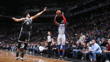 BROOKLYN, NY - APRIL 1: Reggie Jackson #1 of the Detroit Pistons shoots the ball against the Brooklyn Nets on April 1, 2018 at Barclays Center in Brooklyn, New York. NOTE TO USER: User expressly acknowledges and agrees that, by downloading and or using this Photograph, user is consenting to the terms and conditions of the Getty Images License Agreement. Mandatory Copyright Notice: Copyright 2018 NBAE (Photo by Nathaniel S. Butler/NBAE via Getty Images)