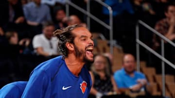 NEW YORK, NY - OCTOBER 13: Joakim Noah #13 of the New York Knicks cheers on teammates during the game against the Washington Wizards on October 13, 2017 at Madison Square Garden in New York City, New York. Copyright 2017 NBAE (Photo by Nathaniel S. Butler/NBAE via Getty Images)