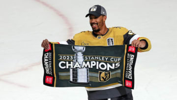 LAS VEGAS, NEVADA - JUNE 13: Keegan Kolesar #55 of the Vegas Golden Knights celebrates a win against the Florida Panthers in Game Five of the 2023 NHL Stanley Cup Final at T-Mobile Arena on June 13, 2023 in Las Vegas, Nevada. (Photo by Ethan Miller/Getty Images)