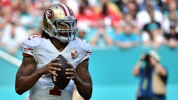 Nov 27, 2016; Miami Gardens, FL, USA; San Francisco 49ers quarterback Colin Kaepernick (7) throws a pass against Miami Dolphins during the first half at Hard Rock Stadium. Mandatory Credit: Steve Mitchell-USA TODAY Sports