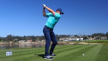 PEBBLE BEACH, CALIFORNIA - JUNE 11: Rory McIlroy of Northern Ireland plays a shot from the 18th tee during a practice round prior to the 2019 U.S. Open at Pebble Beach Golf Links on June 11, 2019 in Pebble Beach, California. (Photo by Warren Little/Getty Images)