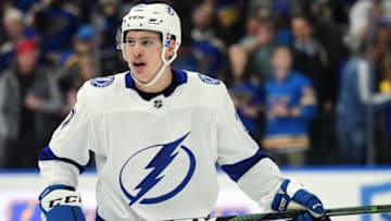 ST. LOUIS, MO. - NOVEMBER 19: Tampa Bay Lightning center Yanni Gourde (37) during an NHL game between the Tampa Bay Lightning and the St. Louis Blues on November 19, 2019, at Enterprise Center, St. Louis, MO. (Photo by Keith Gillett/Icon Sportswire via Getty Images)