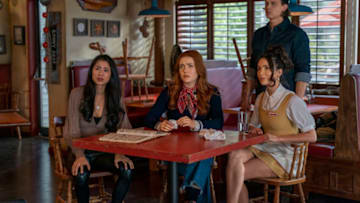 Nancy Drew -- "The Celestial Visitor" -- Image Number: NCD215c_0r.jpg -- Pictured (L-R): Leah Lewis as George, Kennedy McMann as Nancy, Alex Saxon as Ace and Maddison Jaizani as Bess -- Photo: Colin Bentley/The CW -- © 2021 The CW Network, LLC. All Rights Reserved.
