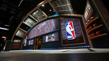 Jun 25, 2015; Brooklyn, NY, USA; General view of the stage before the start of the 2015 NBA Draft at Barclays Center. Mandatory Credit: Brad Penner-USA TODAY Sports