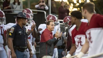 STARKVILLE, MISSISSIPPI - OCTOBER 16: Head coach Nick Saban of the Alabama Crimson Tide prepares to lead his team on to the field prior to their game against the Mississippi State Bulldogs at Davis Wade Stadium on October 16, 2021 in Starkville, Mississippi. (Photo by Michael Chang/Getty Images)