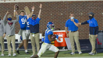 Nov 14, 2020; Oxford, Mississippi, USA; Mississippi Rebels running back Jerrion Ealy (9) scores a touchdown during the second half against the South Carolina Gamecocks at Vaught-Hemingway Stadium. Mandatory Credit: Justin Ford-USA TODAY Sports