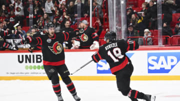 Forward Tim Stutzle (R) of the Ottawa Senators celebrates scoring the game winning goal in overtime during the NHL Global Series Ice Hockey match between Detroit Red Wings and Ottawa Senators in Stockholm on November 16, 2023. (Photo by Jonathan NACKSTRAND / AFP) (Photo by JONATHAN NACKSTRAND/AFP via Getty Images)