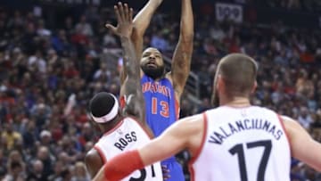 Jan 30, 2016; Toronto, Ontario, CAN; Detroit Pistons forward Marcus Morris (13) scores a basket against the Toronto Raptors at Air Canada Centre. Mandatory Credit: Tom Szczerbowski-USA TODAY Sports