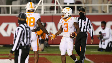 Nov 7, 2020; Fayetteville, Arkansas, USA; Tennessee Volunteers running back Eric Gray (3) celebrates after scoring a touchdown against the Arkansas Razorbacks during the second quarter at Donald W. Reynolds Razorback Stadium. Mandatory Credit: Nelson Chenault-USA TODAY Sports