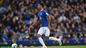 LIVERPOOL, ENGLAND - SEPTEMBER 16: Everton player Mason Holgate in action during the Premier League match between Everton FC and West Ham United at Goodison Park on September 16, 2018 in Liverpool, United Kingdom. (Photo by Stu Forster/Getty Images)