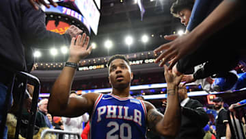 PHILADELPHIA,PA - MARCH 26 : Markelle Fultz#20 of the Philadelphia 76ers runs into the locker room while shaking fans hands against the Denver Nuggets at Wells Fargo Center on March 26, 2018 in Philadelphia, Pennsylvania NOTE TO USER: User expressly acknowledges and agrees that, by downloading and/or using this Photograph, user is consenting to the terms and conditions of the Getty Images License Agreement. Mandatory Copyright Notice: Copyright 2018 NBAE (Photo by Jesse D.