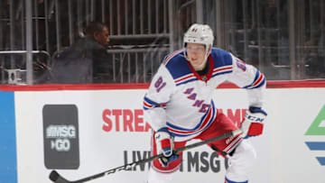 NEWARK, NEW JERSEY - SEPTEMBER 17: Ville Meskanen #81 of the New York Rangers skates against the New Jersey Devils during a preseason game at the Prudential Center on September 17, 2018 in Newark, New Jersey. The Rangers defeated the Devils 4-3 in overtime. (Photo by Bruce Bennett/Getty Images)