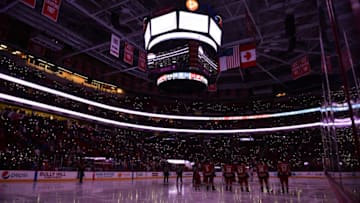 RALEIGH, NC - NOVEMBER 22: Carolina Hurricanes fans lights the arena in honor of Hockey Fights Cancer during a game between the Carolina Hurricanes and the New York Rangers at the PNC Arena in Raleigh, NC on November 22, 2017. (Photo by Greg Thompson/Icon Sportswire via Getty Images)