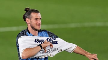 MADRID, SPAIN - JULY 16: Real Madrid CF player Gareth Bale celebrate cliching their 34th Spanish La Liga title after the La Liga match between Real Madrid CF and Villarreal CF at Estadio Alfredo Di Stefano on July 16, 2020 in Madrid, Spain. (Photo by Diego Souto/Quality Sport Images/Getty Images)