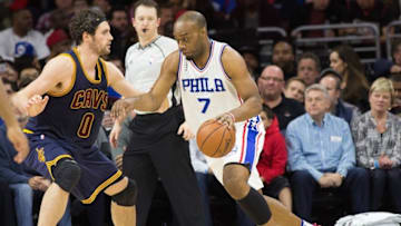 Jan 10, 2016; Philadelphia, PA, USA; Philadelphia 76ers forward Carl Landry (7) dribbles against Cleveland Cavaliers forward Kevin Love (0) at Wells Fargo Center. The Cleveland Cavaliers won 95-85. Mandatory Credit: Bill Streicher-USA TODAY Sports