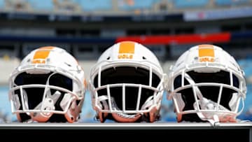 CHARLOTTE, NC - SEPTEMBER 01: A detailed view of the helmets worn by the Tennessee Volunteers before their game against the West Virginia Mountaineers at Bank of America Stadium on September 1, 2018 in Charlotte, North Carolina. (Photo by Streeter Lecka/Getty Images)