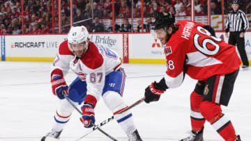 OTTAWA, ON - MARCH 18: Mike Hoffman #68 of the Ottawa Senators battles for the loose puck against Max Pacioretty #67 of the Montreal Canadiens in the first period at Canadian Tire Centre on March 18, 2017 in Ottawa, Ontario, Canada. (Photo by Jana Chytilova/Freestyle Photography/Getty Images)