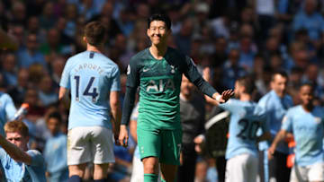 MANCHESTER, ENGLAND - APRIL 20: Heung-Min Son of Tottenham Hotspur reacts during the Premier League match between Manchester City and Tottenham Hotspur at Etihad Stadium on April 20, 2019 in Manchester, United Kingdom. (Photo by Shaun Botterill/Getty Images)