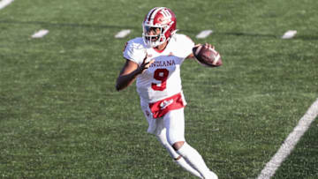 Oct 31, 2020; Piscataway, New Jersey, USA;Indiana Hoosiers quarterback Michael Penix Jr. (9) throws the ball during the first half against the Rutgers Scarlet Knights at SHI Stadium. Mandatory Credit: Vincent Carchietta-USA TODAY Sports