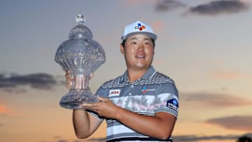 PALM BEACH GARDENS, FLORIDA - MARCH 01: Sungjae Im of South Korea poses with the trophy after winning the Honda Classic at PGA National Resort and Spa Champion course on March 01, 2020 in Palm Beach Gardens, Florida. (Photo by Sam Greenwood/Getty Images)