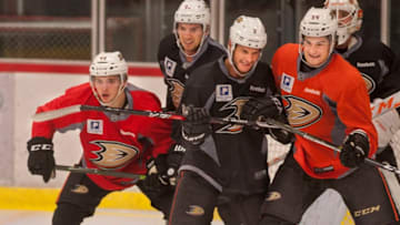 ANAHEIM, CA - SEPTEMBER 27: Sam Steel,18, left, takes part in the Ducks training campin Anaheim on Tuesday, September 27, 2016. (Photo by Mindy Schauer/Digital First Media/Orange County Register via Getty Images)