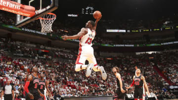 MIAMI, FL - MARCH 29: Bam Adebayo #13 of the Miami Heat drives to the basket during the game against the Chicago Bulls on March 29, 2018 at American Airlines Arena in Miami, Florida. NOTE TO USER: User expressly acknowledges and agrees that, by downloading and or using this Photograph, user is consenting to the terms and conditions of the Getty Images License Agreement. Mandatory Copyright Notice: Copyright 2018 NBAE (Photo by Issac Baldizon/NBAE via Getty Images)