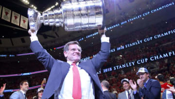 Jun 15, 2015; Chicago, IL, USA; Chicago Blackhawks owner Rocky Wirtz hoists the Stanley Cup after defeating the Tampa Bay Lightning in game six of the 2015 Stanley Cup Final at United Center. Mandatory Credit: Dennis Wierzbicki-USA TODAY Sports