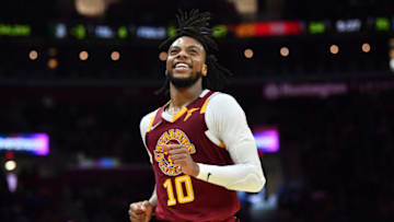 Mar 14, 2022; Cleveland, Ohio, USA; Cleveland Cavaliers guard Darius Garland (10) smiles after a basket during the second half against the Los Angeles Clippers at Rocket Mortgage FieldHouse. Mandatory Credit: Ken Blaze-USA TODAY Sports