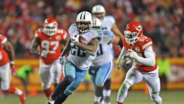 KANSAS CITY, MO - JANUARY 6: Running back Derrick Henry #22 of the Tennessee Titans runs up field for a touchdown during the second half of the game against the Kansas City Chiefs at Arrowhead Stadium on January 6, 2018 in Kansas City, Missouri. (Photo by Peter G. Aiken/Getty Images)