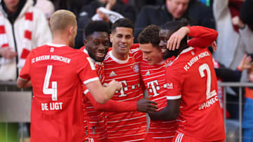 Bayern Munich players celebrating Benjamin Pavard's goal against FC Augsburg. (Photo by Alexander Hassenstein/Getty Images)