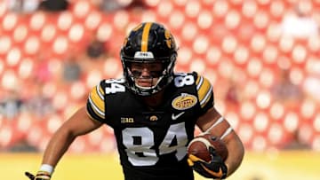 TAMPA, FL - JANUARY 01: Nick Easley #84 of the Iowa Hawkeyes runs after a catch during the 2019 Outback Bowl against the Mississippi State Bulldogs at Raymond James Stadium on January 1, 2019 in Tampa, Florida. (Photo by Mike Ehrmann/Getty Images)