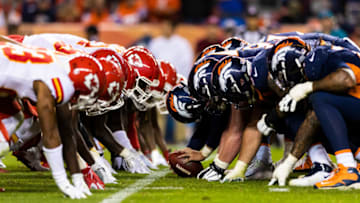 DENVER, CO - OCTOBER 01: Kansas City Chiefs defense and Denver Broncos offense at the line of scrimmage before an extra point attempt during the NFL regular season football game against the Kansas City Chiefs on October 01, 2018, at Broncos Stadium at Mile High in Denver, CO. (Photo by Ric Tapia/Icon Sportswire via Getty Images)