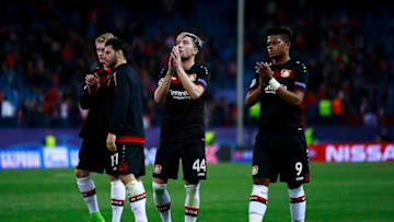 MADRID, SPAIN - MARCH 15: Leon Bailey (R) of Bayer Leverkusen and his teammate Kevin Kampl (2ndR) acknowledge the audience their fans after the UEFA Champions League Round of 16 second leg match between Club Atletico de Madrid and Bayer Leverkusen at Vicente Calderon Stadium on March 15, 2017 in Madrid, Spain. (Photo by Gonzalo Arroyo Moreno/Getty Images)