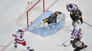 LAS VEGAS, NEVADA - DECEMBER 08: Jacob Trouba #8 of the New York Rangers scores a goal during the second period against the Vegas Golden Knights at T-Mobile Arena on December 08, 2019 in Las Vegas, Nevada. (Photo by David Becker/NHLI via Getty Images)