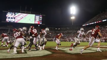 Sep 17, 2016; Norman, OK, USA; Oklahoma Sooners quarterback Baker Mayfield (6) throws during the game against the Ohio State Buckeyes at Gaylord Family - Oklahoma Memorial Stadium. Mandatory Credit: Kevin Jairaj-USA TODAY Sports