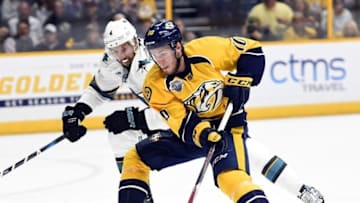 Nashville Predators center Colton Sissons (10) skates toward the net against San Jose Sharks defenseman Brenden Dillon (4) . Mandatory Credit: Christopher Hanewinckel-USA TODAY Sports