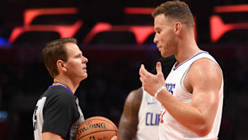 LOS ANGELES, CA - OCTOBER 08: LA Clippers (32) Blake Griffin (PF) has a conversation with the ref over a foul call during an NBA preseason game between the Portland Trail Blazers and the Los Angeles Clippers on October 08, 2017 at STAPLES Center in Los Angeles, CA. (Photo by Chris Williams/Icon Sportswire via Getty Images)