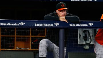 NEW YORK, NY - SEPTEMBER 21: Buck Showalter #26 of the Baltimore Orioles looks on from th ebench during th egame against the New York Yankees at Yankee Stadium on September 21, 2018 in the Bronx borough of New York City. (Photo by Mike Stobe/Getty Images)