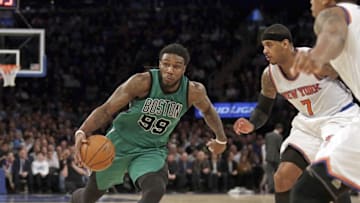 Feb 2, 2016; New York, NY, USA; Boston Celtics forward Jae Crowder (99) drives to the basket past New York Knicks forward Carmelo Anthony (7) during the second half of an NBA basketball game at Madison Square Garden. The Celtics defeated the Knicks 97-89. Mandatory Credit: Adam Hunger-USA TODAY Sports